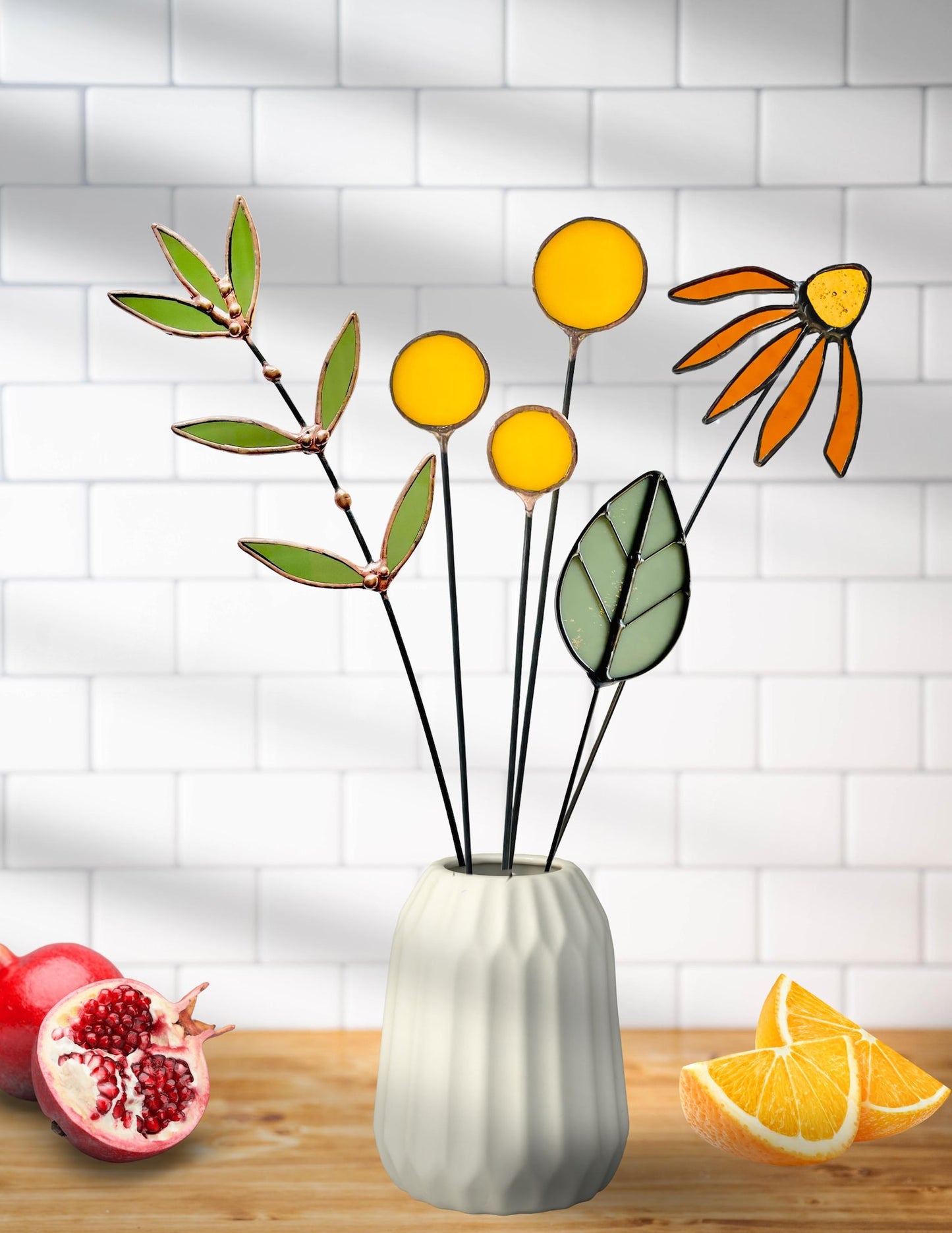 Stained Glass Wildflower Bouquet – Coneflower, Billy Buttons & Olive Branch