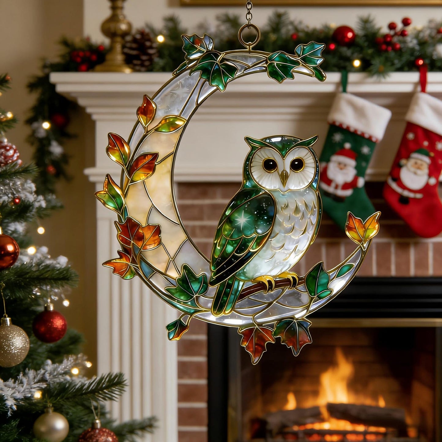 Stained Glass Owl Suncatcher – Gold-Plated Brass