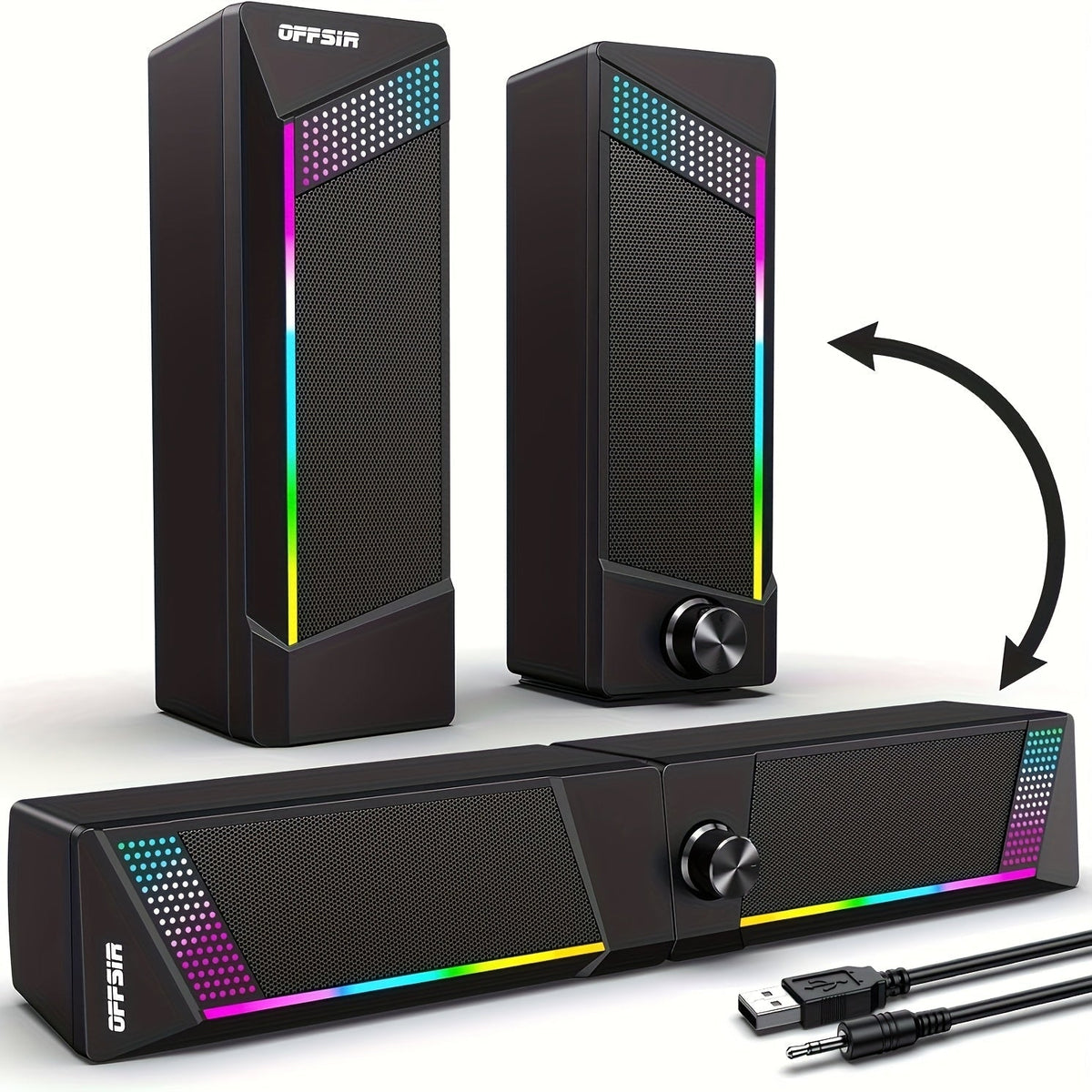 2-in-1 RGB Gaming Computer Speakers Wired, PC Desktop Laptop Soundbar with Subwoofer, Volume Control