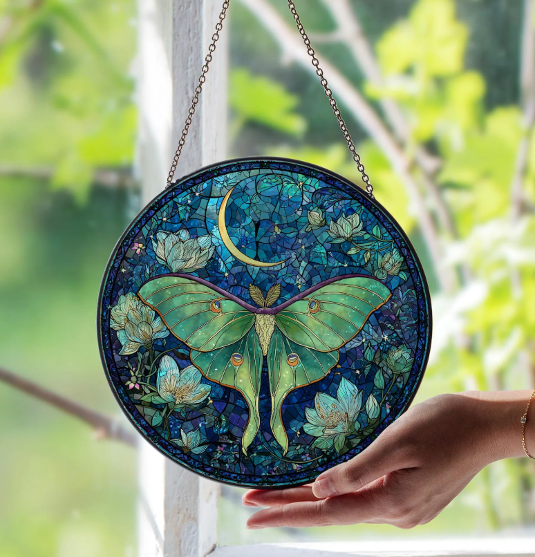 Lunar Moth Moon Mosaic Glass Suncatcher
