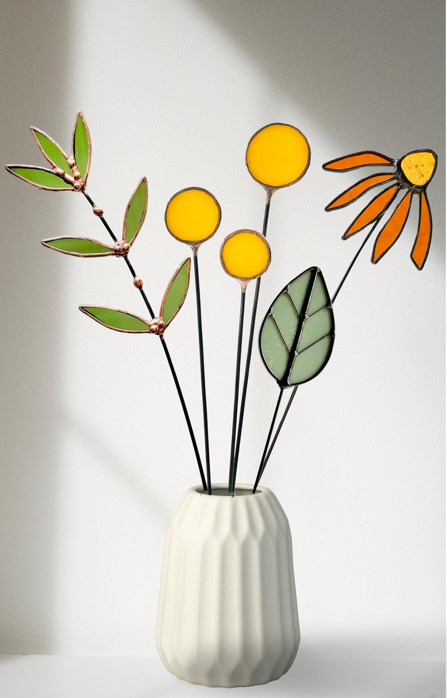 Stained Glass Wildflower Bouquet –  Coneflower, Billy Buttons & Olive Branch