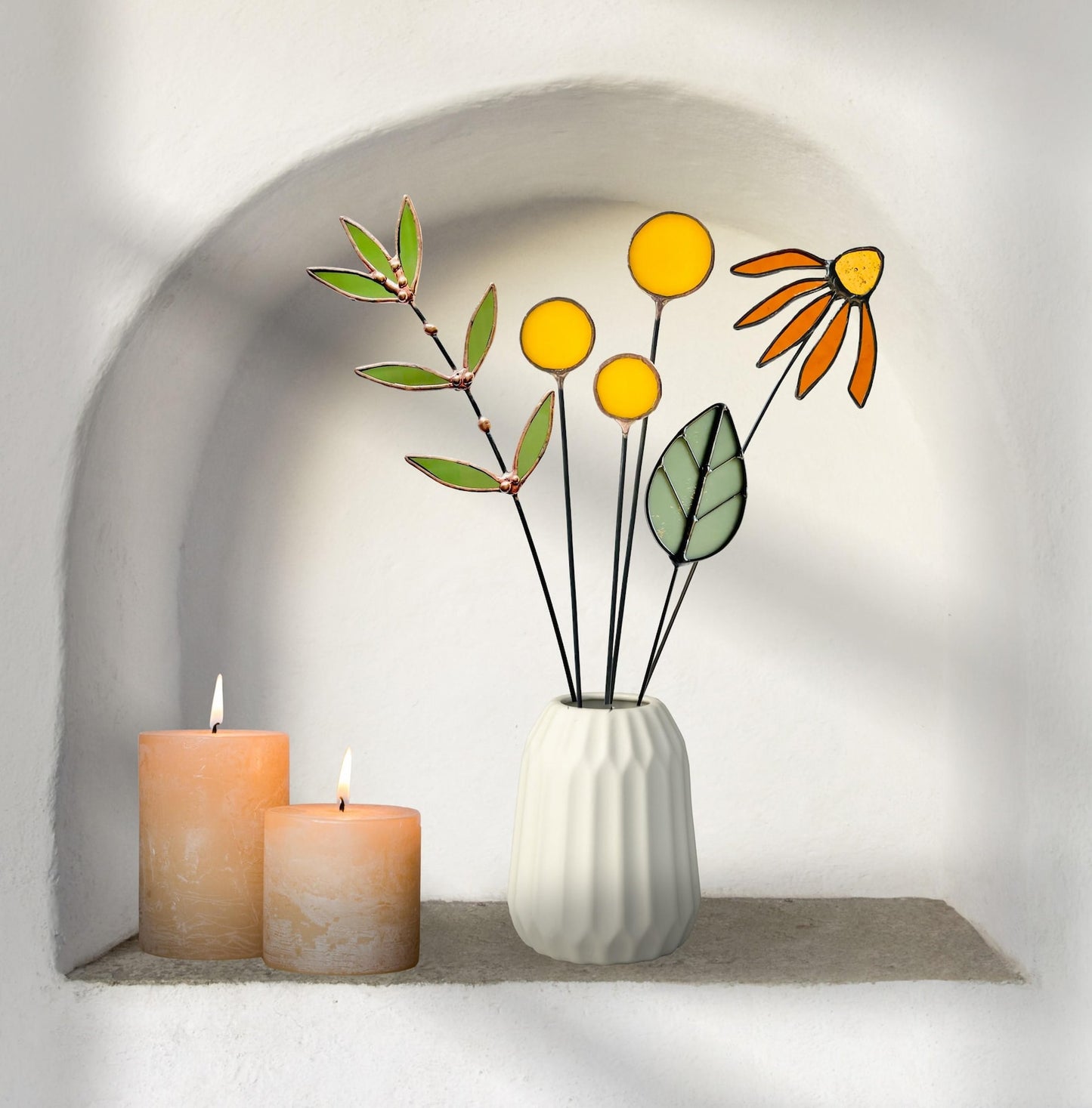 Stained Glass Wildflower Bouquet –  Coneflower, Billy Buttons & Olive Branch