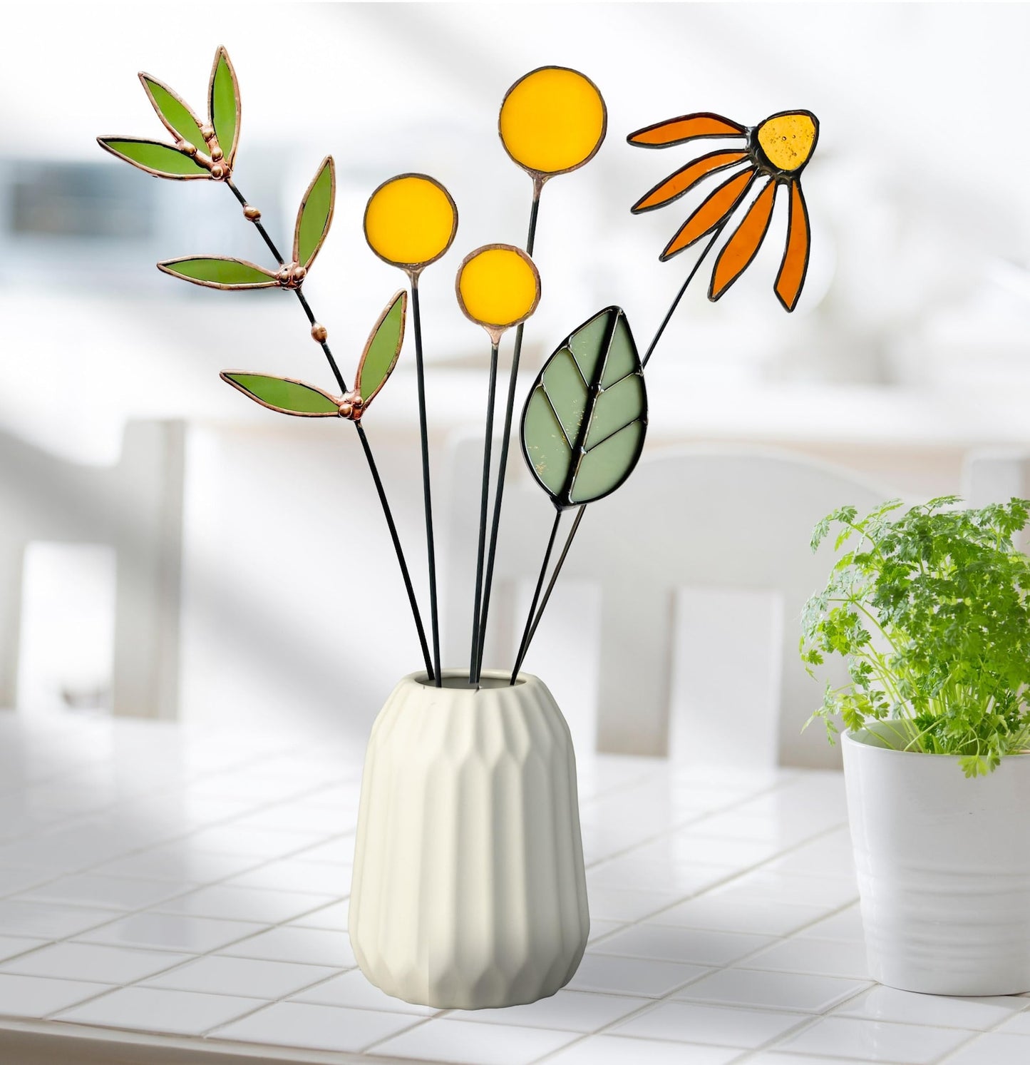 Stained Glass Wildflower Bouquet –  Coneflower, Billy Buttons & Olive Branch