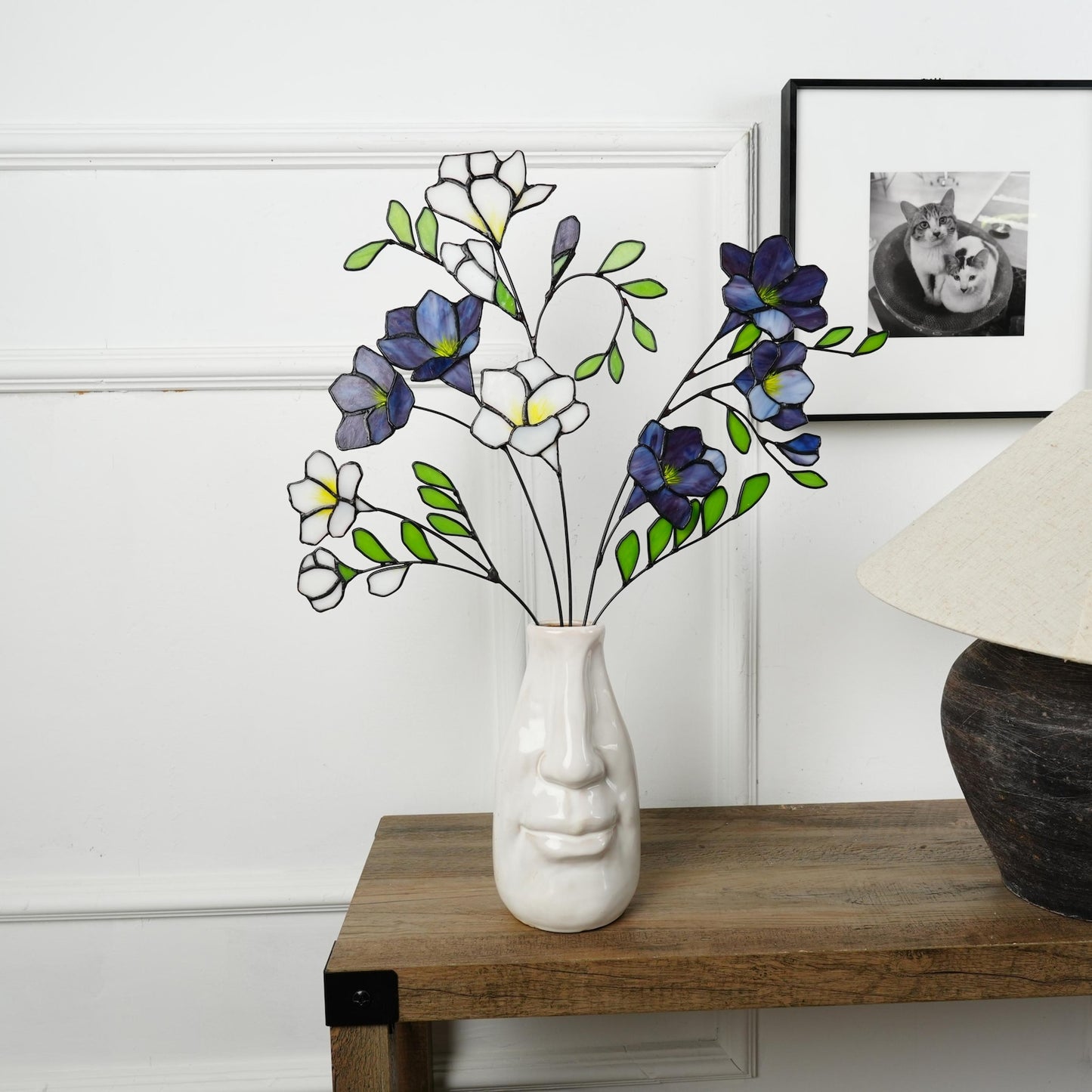 Stained Glass Freesia Stems – White & Purple