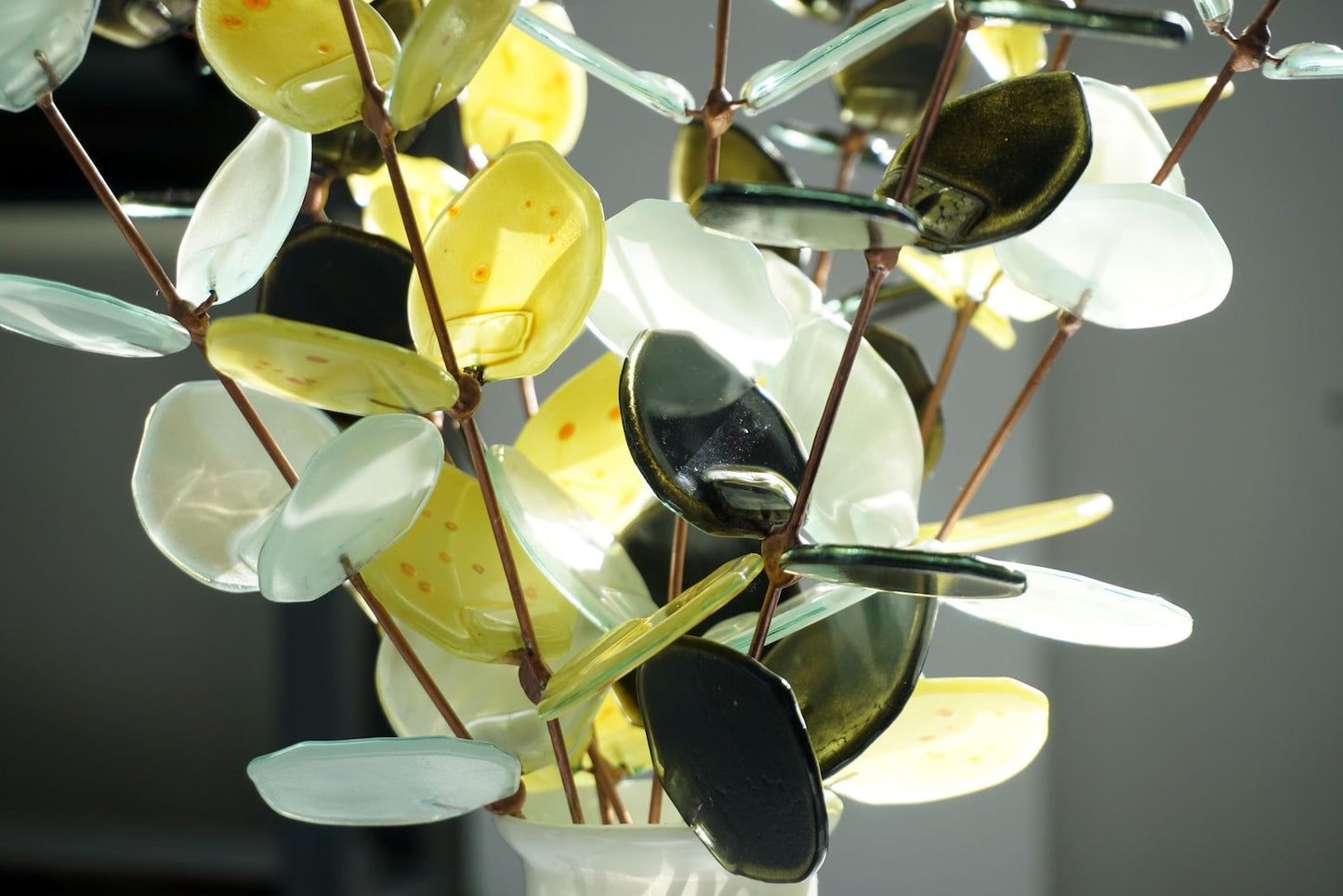 Fused Glass Eucalyptus Stems –  White, Yellow & Dark Olive