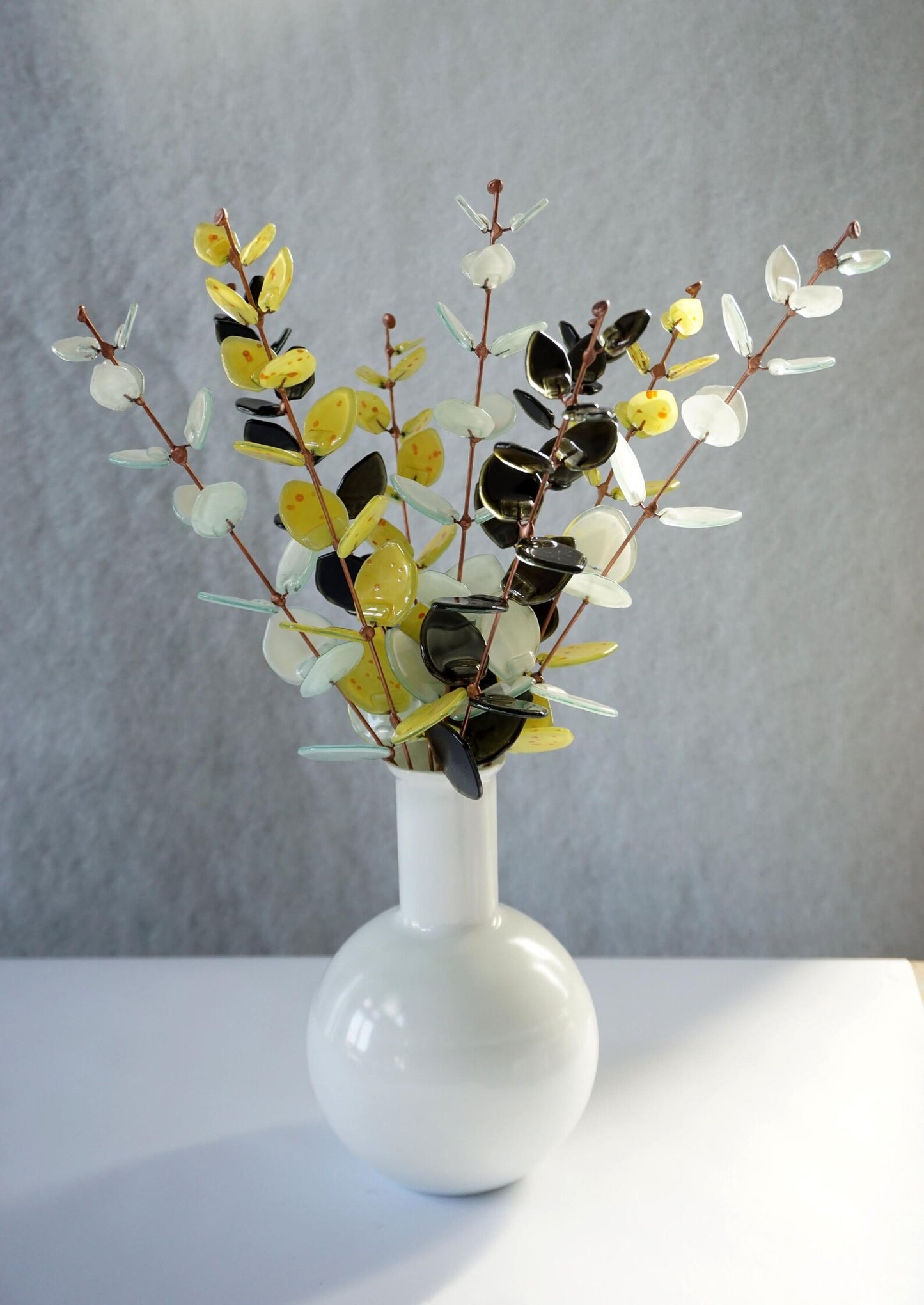 Fused Glass Eucalyptus Stems –  White, Yellow & Dark Olive