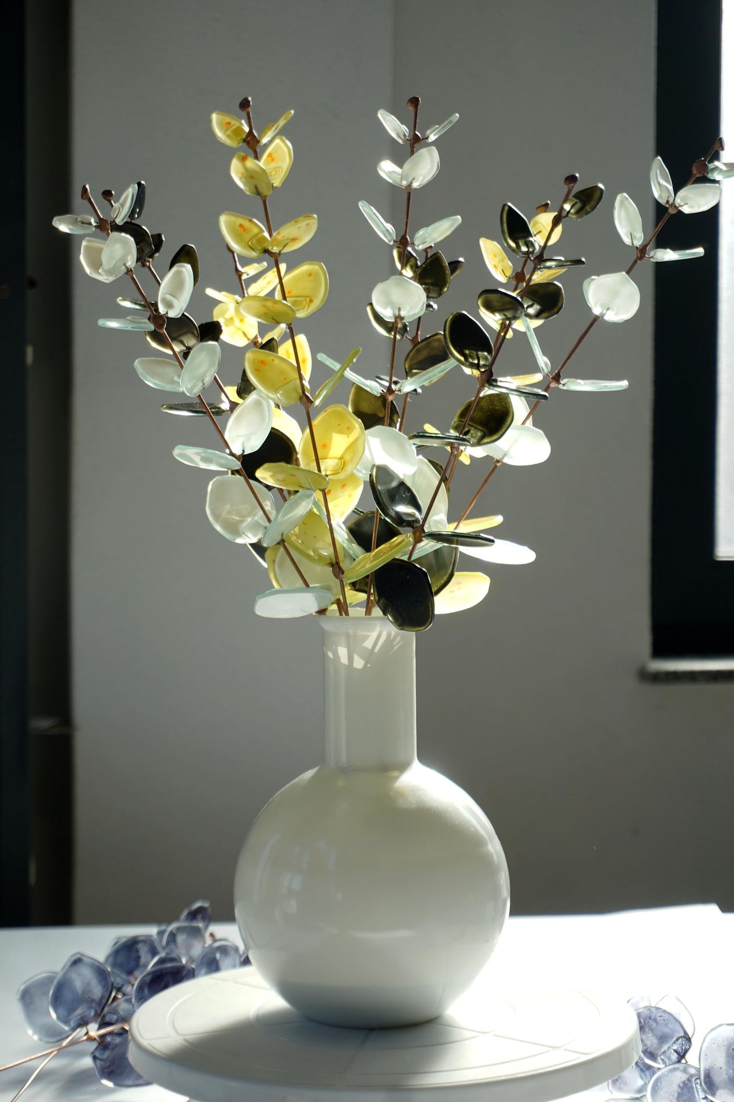 Fused Glass Eucalyptus Stems –  White, Yellow & Dark Olive