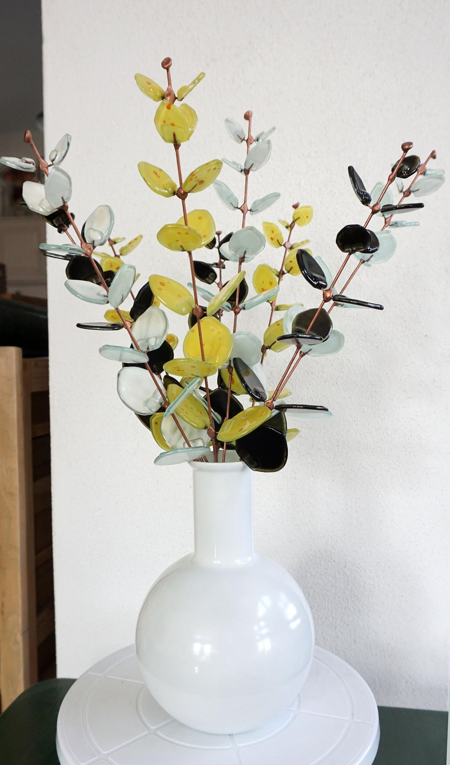 Fused Glass Eucalyptus Stems –  White, Yellow & Dark Olive