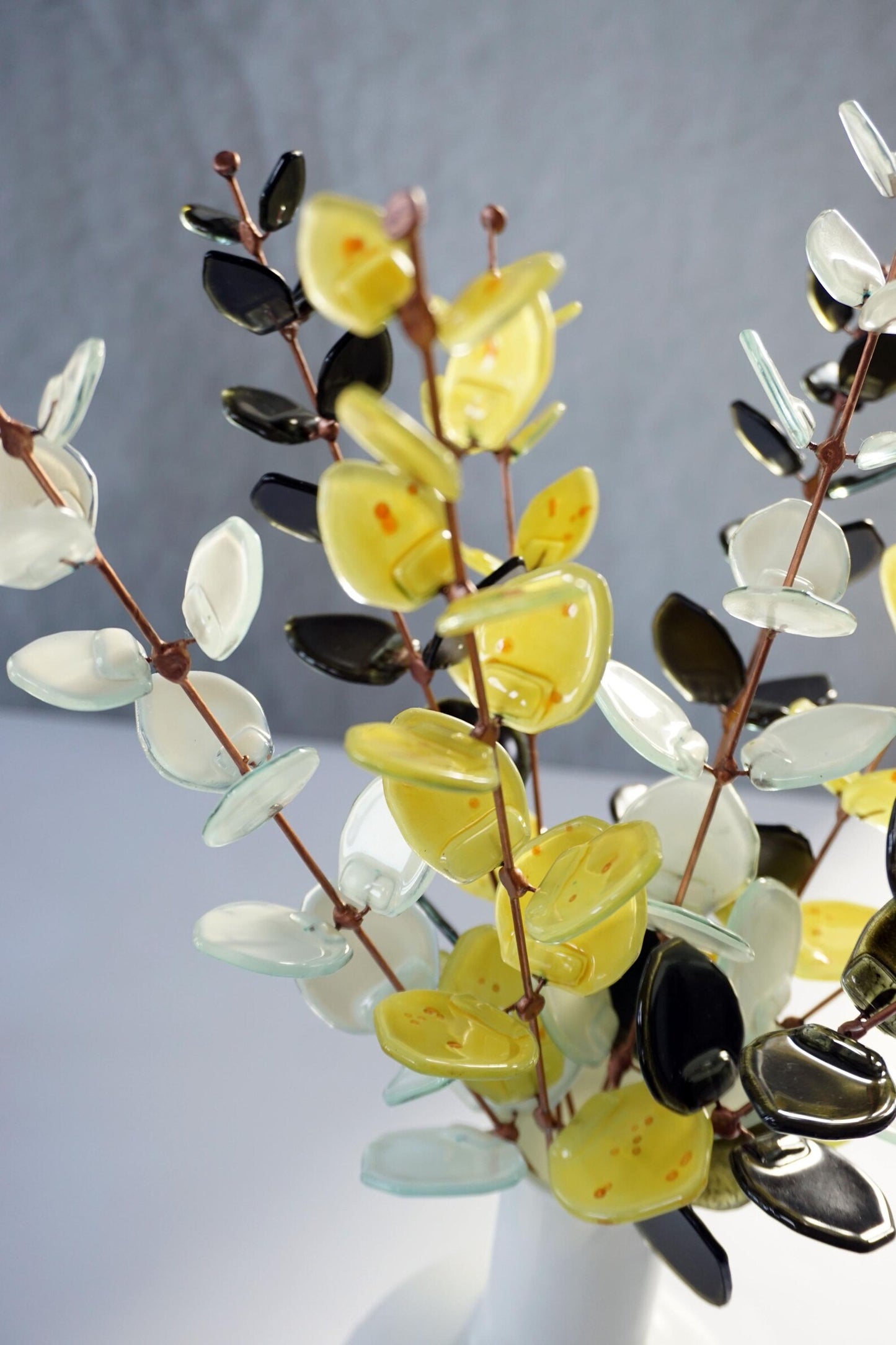 Fused Glass Eucalyptus Stems –  White, Yellow & Dark Olive