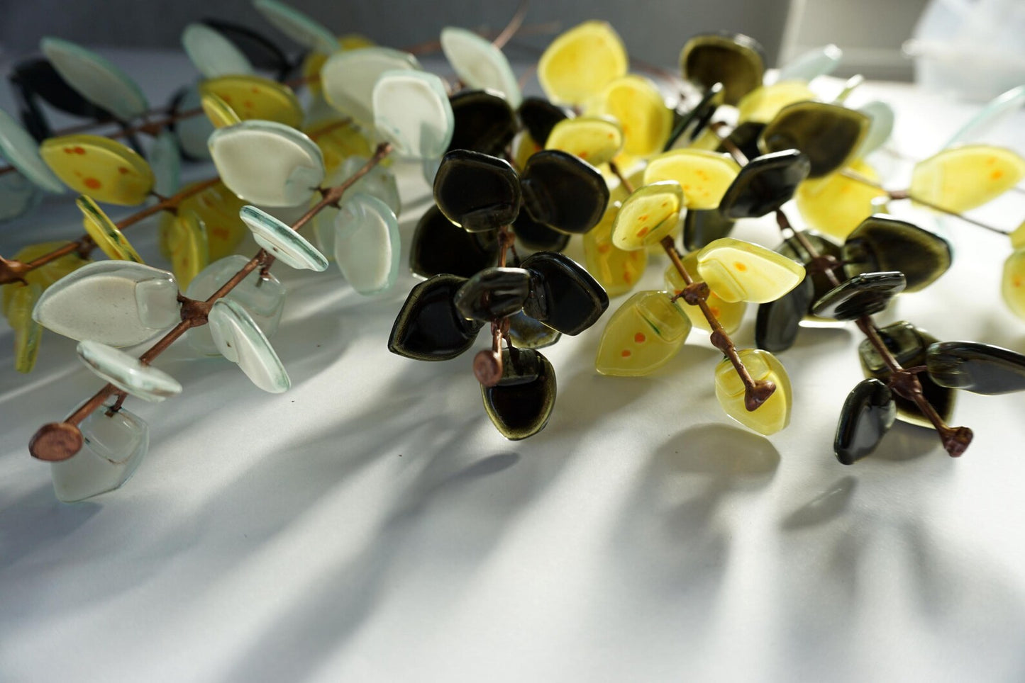 Fused Glass Eucalyptus Stems –  White, Yellow & Dark Olive