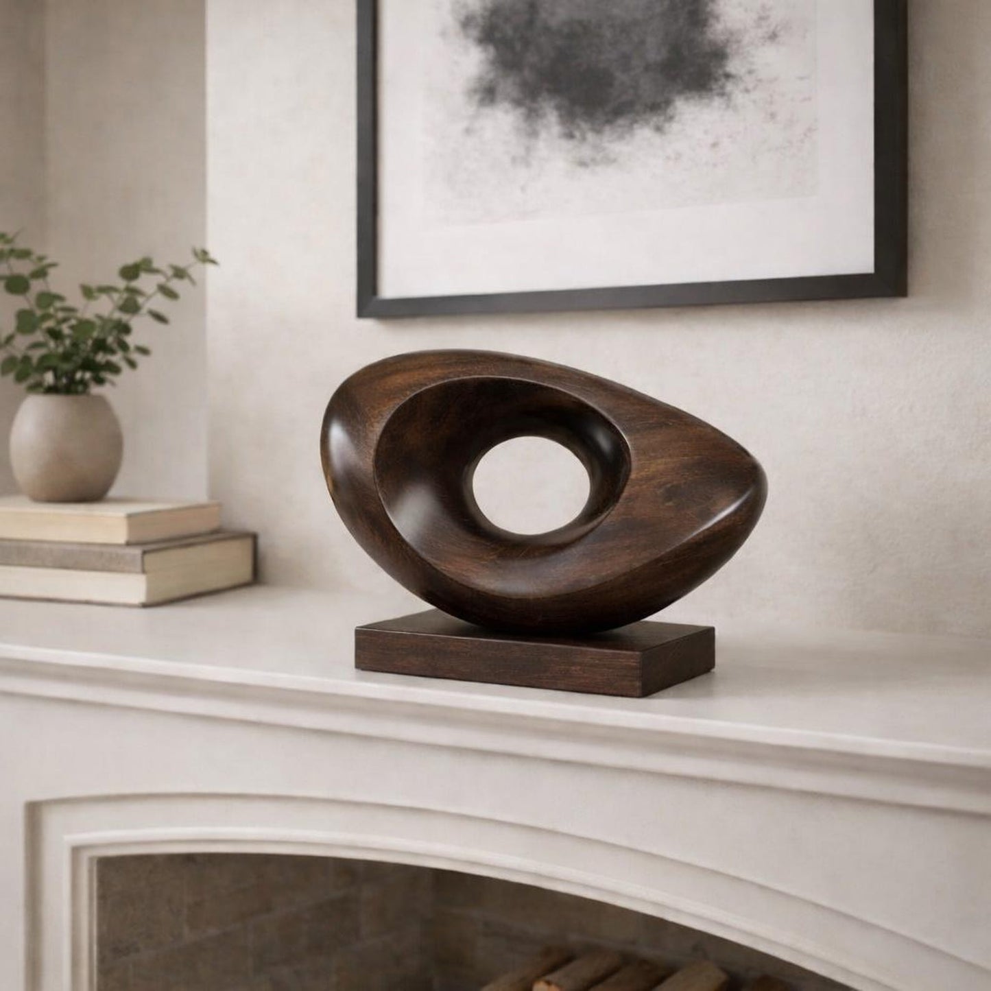 Eye-Form Wood Sculpture on Pedestal Base