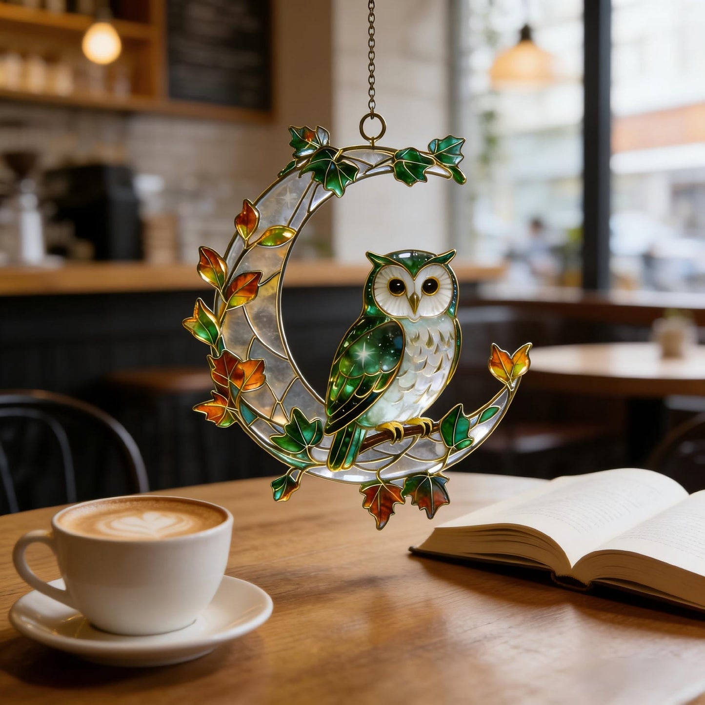 Stained Glass Owl Suncatcher – Gold-Plated Brass