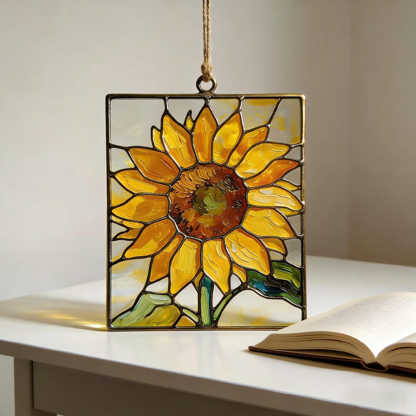Reverse-Painted Art-Glass Sunflower Panel