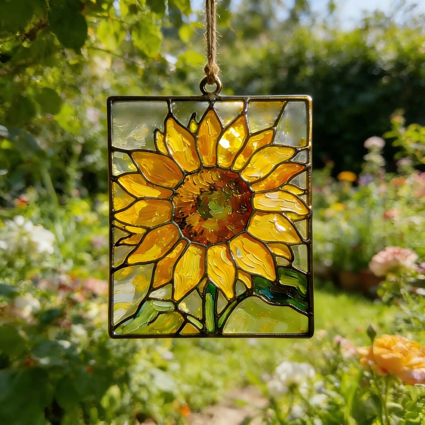 Reverse-Painted Art-Glass Sunflower Panel