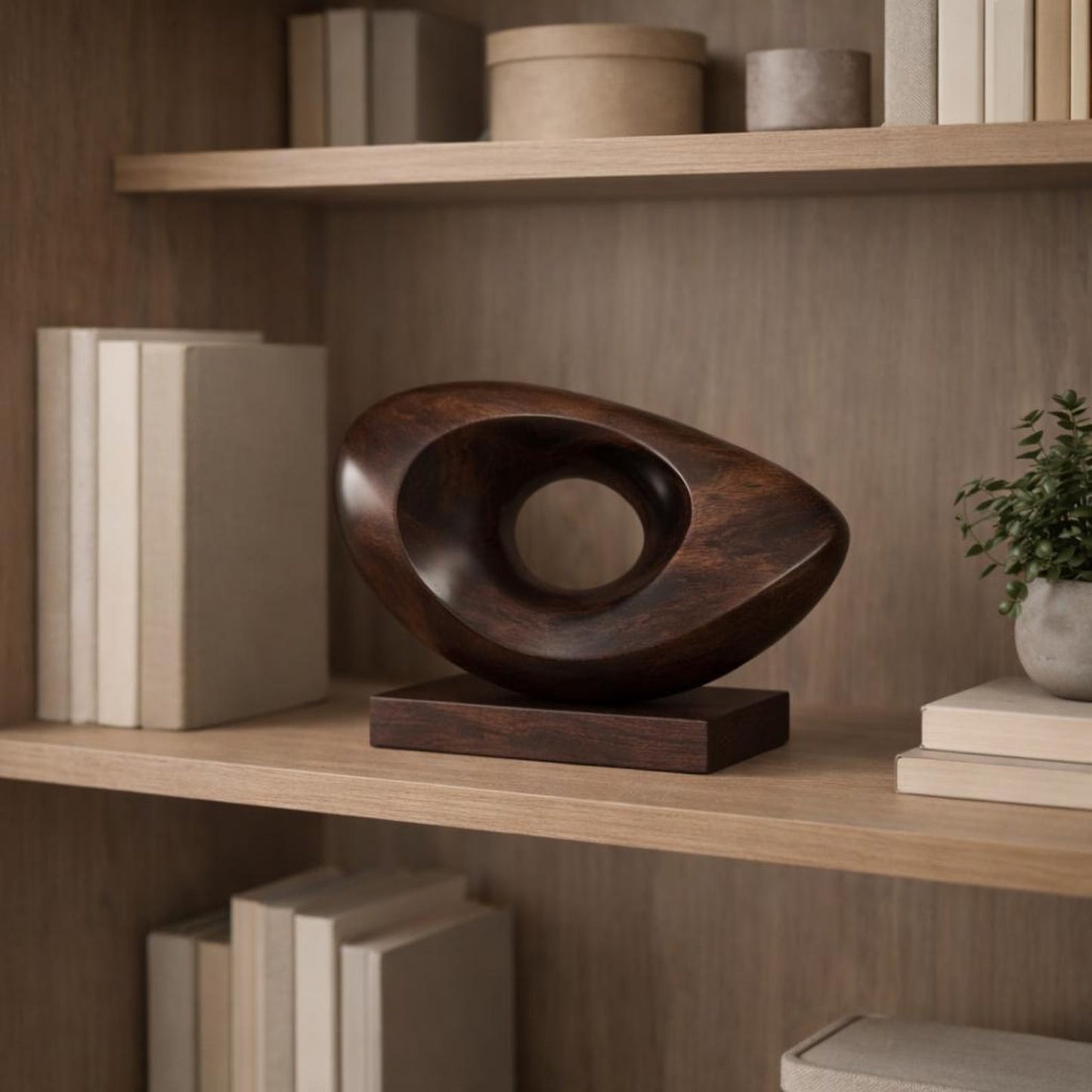 Eye-Form Wood Sculpture on Pedestal Base