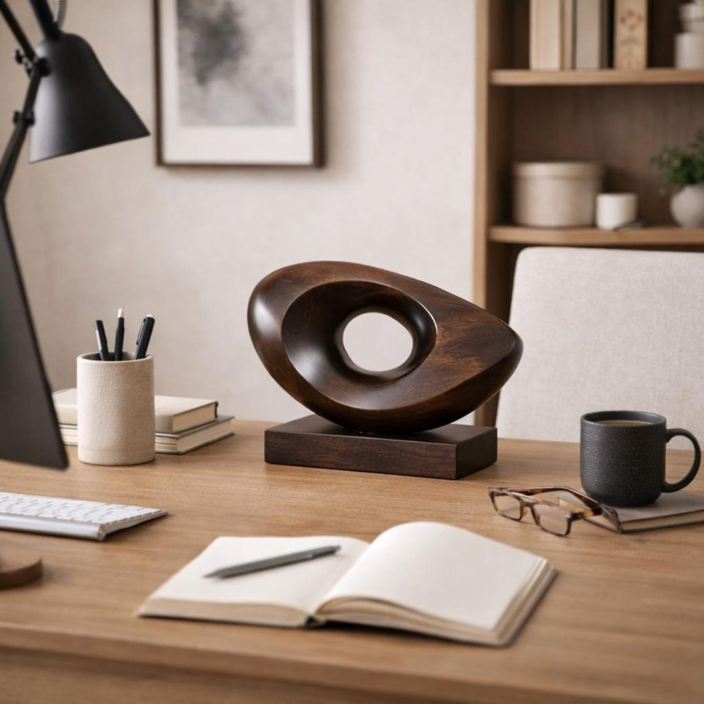 Eye-Form Wood Sculpture on Pedestal Base