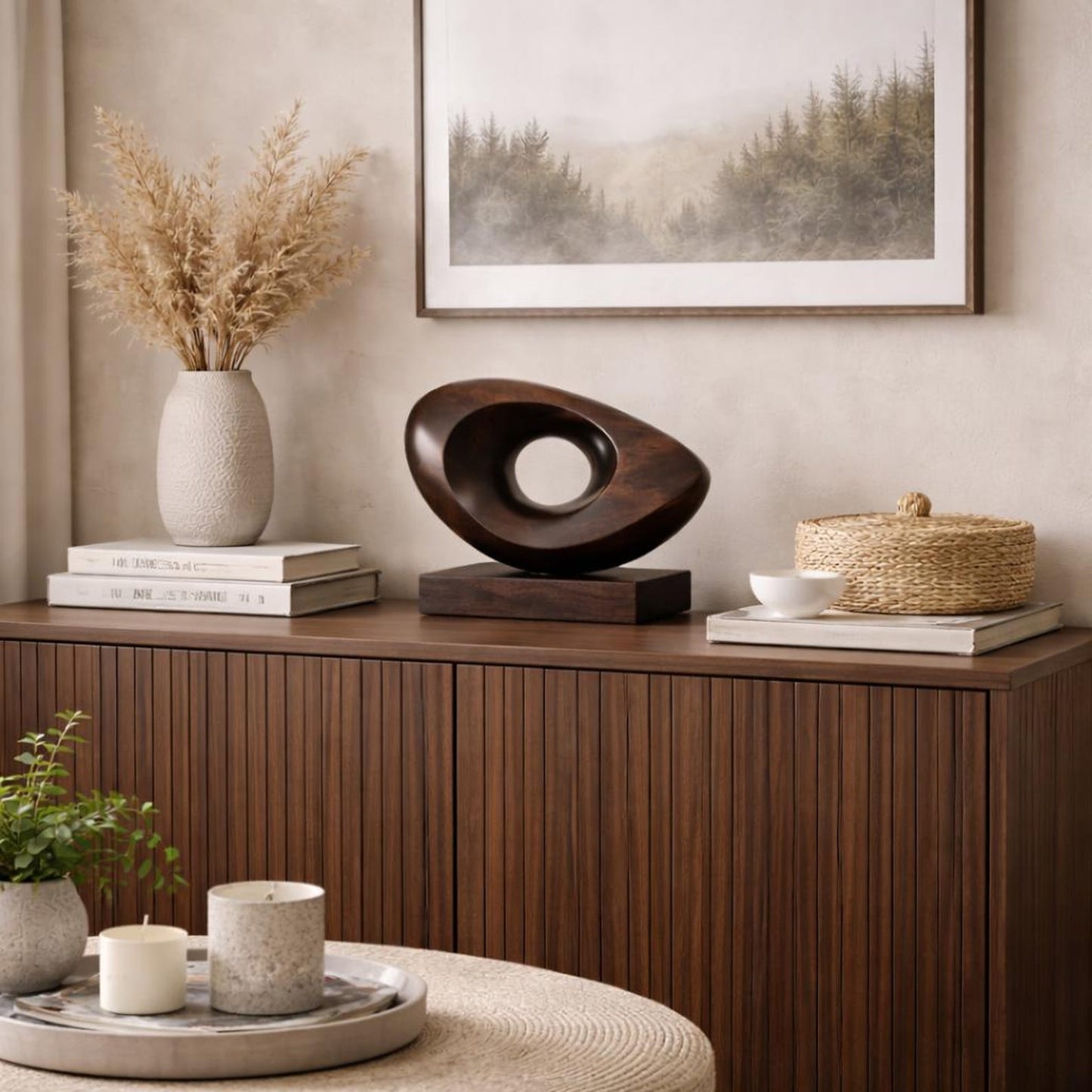 Eye-Form Wood Sculpture on Pedestal Base