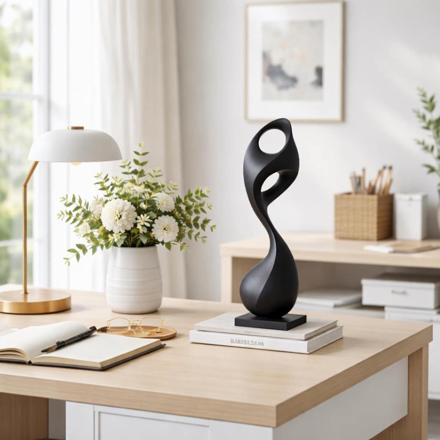 Abstract Fluid Wood Sculpture, Matte Black