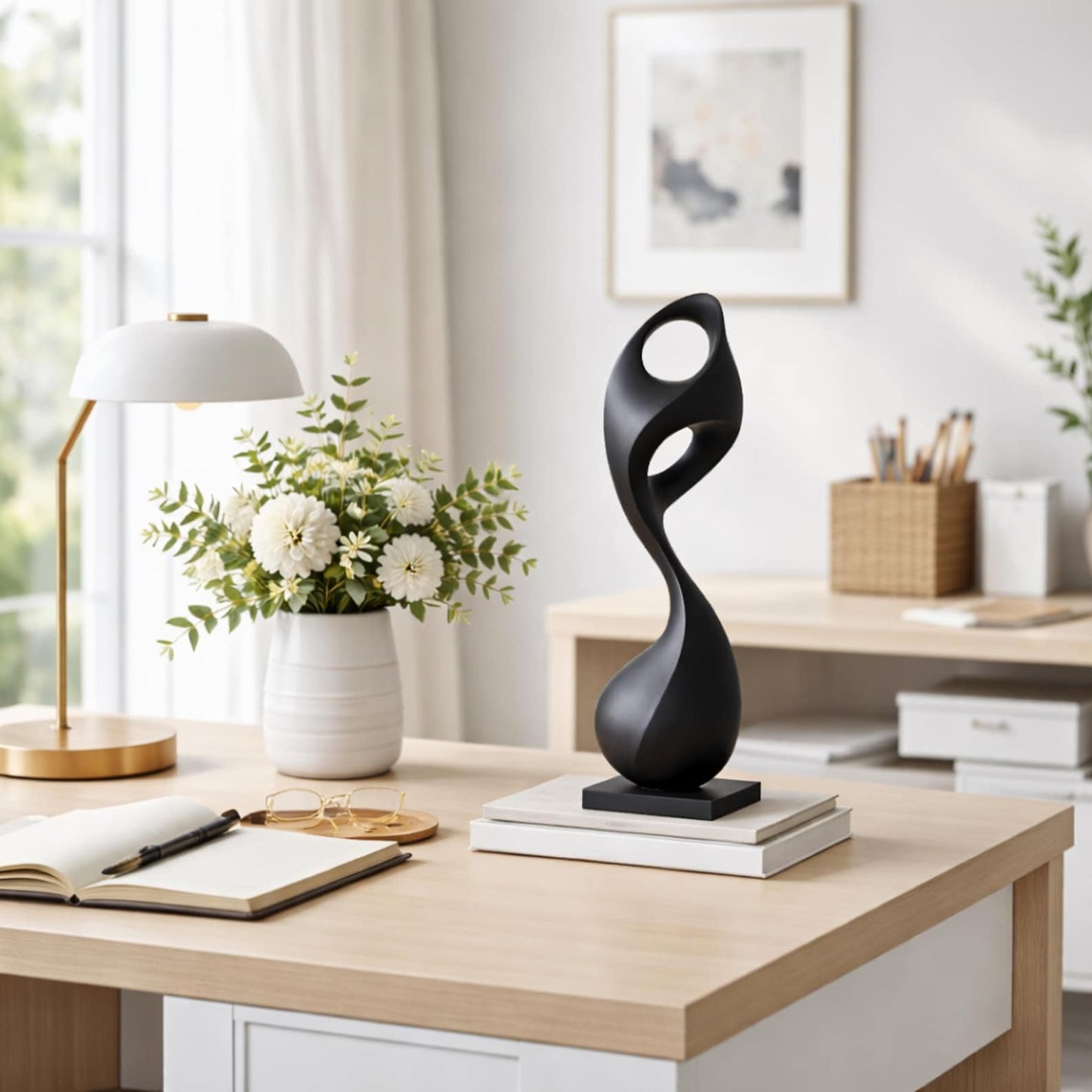 Abstract Fluid Wood Sculpture, Matte Black