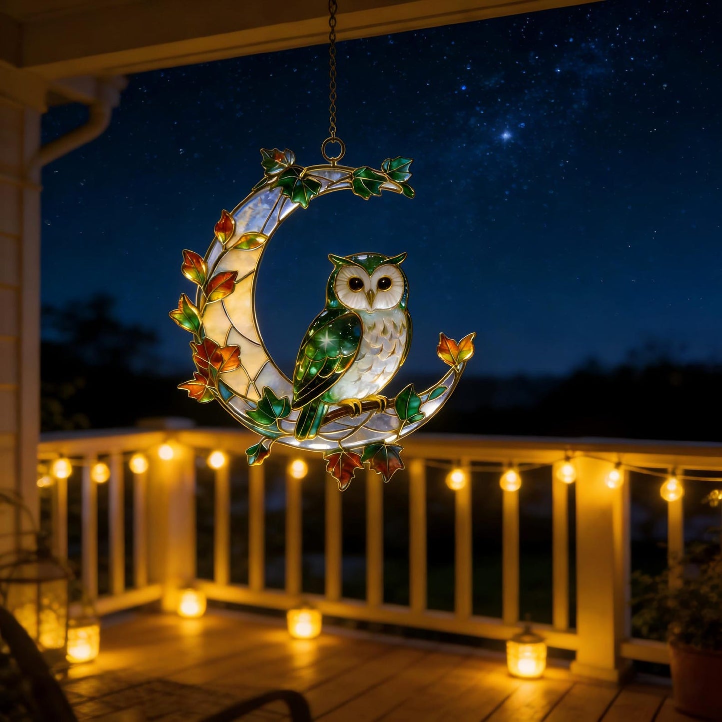 Stained Glass Owl Suncatcher – Gold-Plated Brass