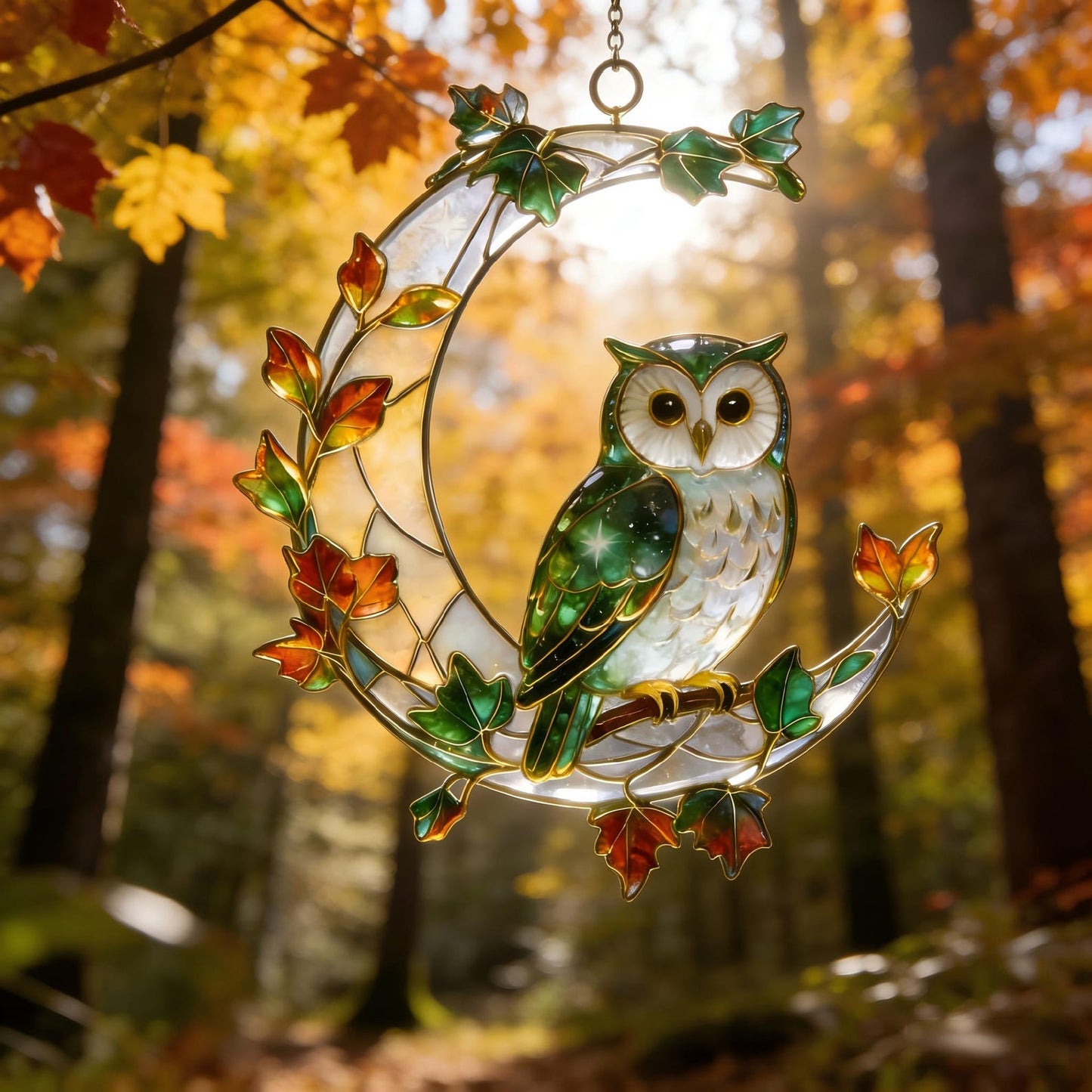Stained Glass Owl Suncatcher – Gold-Plated Brass