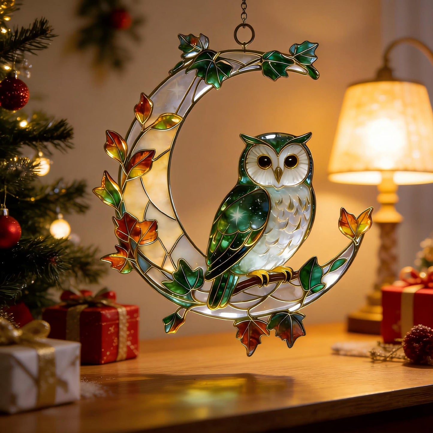 Stained Glass Owl Suncatcher – Gold-Plated Brass
