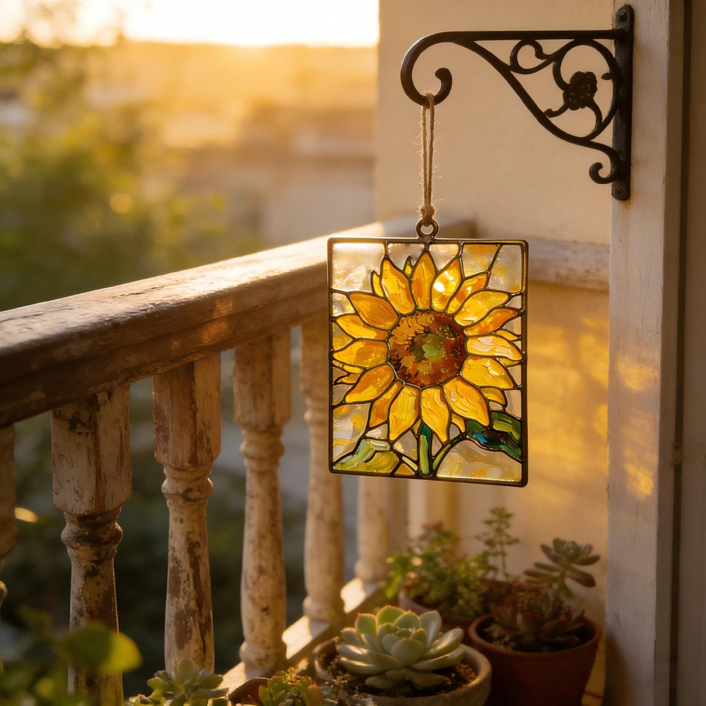 Reverse-Painted Art-Glass Sunflower Panel