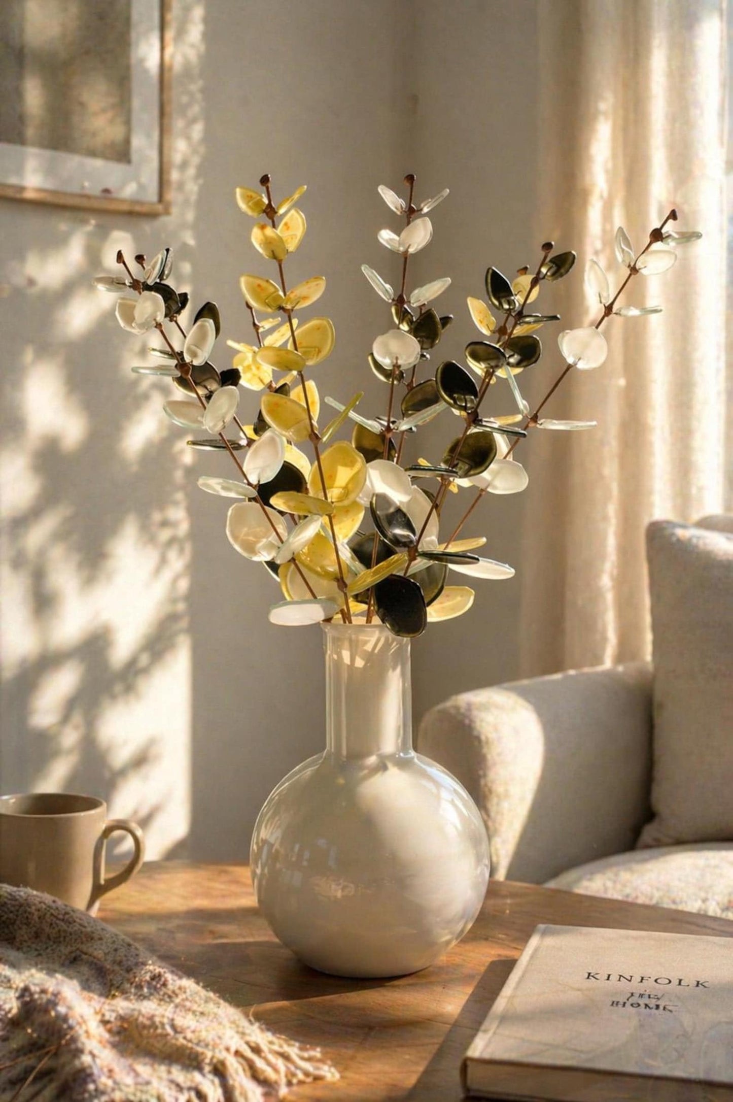 Fused Glass Eucalyptus Stems –  White, Yellow & Dark Olive