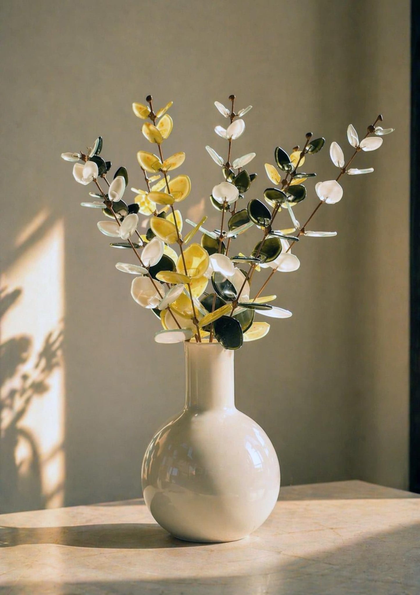 Fused Glass Eucalyptus Stems –  White, Yellow & Dark Olive