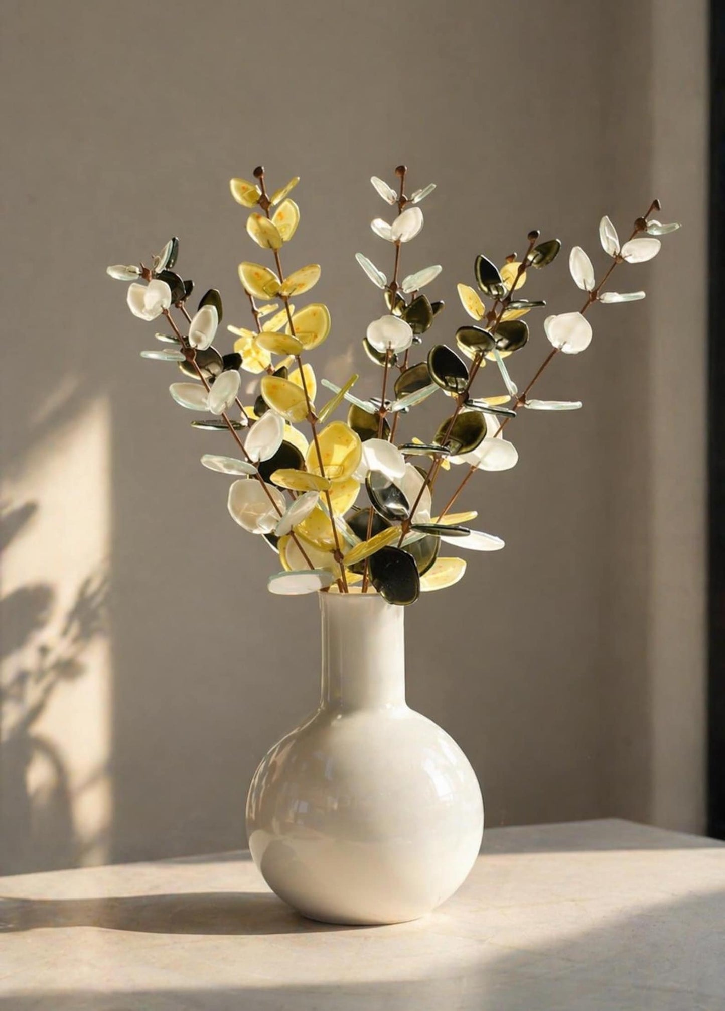 Fused Glass Eucalyptus Stems –  White, Yellow & Dark Olive