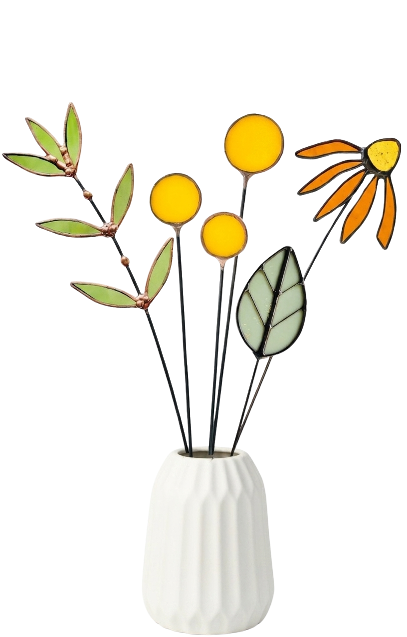 Stained Glass Wildflower Bouquet –  Coneflower, Billy Buttons & Olive Branch