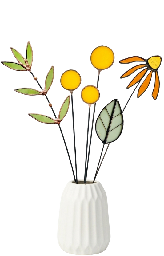 Stained Glass Wildflower Bouquet –  Coneflower, Billy Buttons & Olive Branch