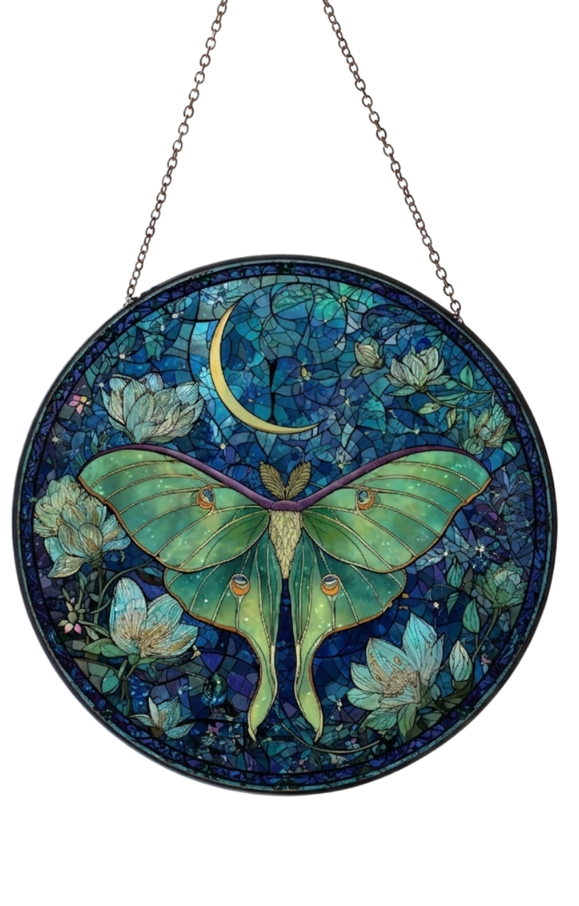 Lunar Moth Moon Mosaic Glass Suncatcher