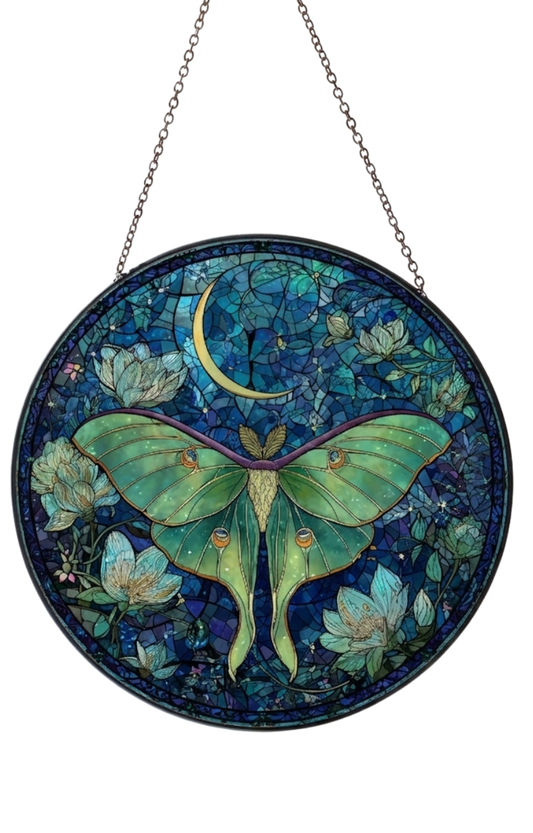 Lunar Moth Moon Mosaic Glass Suncatcher