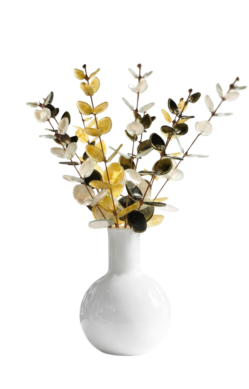 Fused Glass Eucalyptus Stems –  White, Yellow & Dark Olive