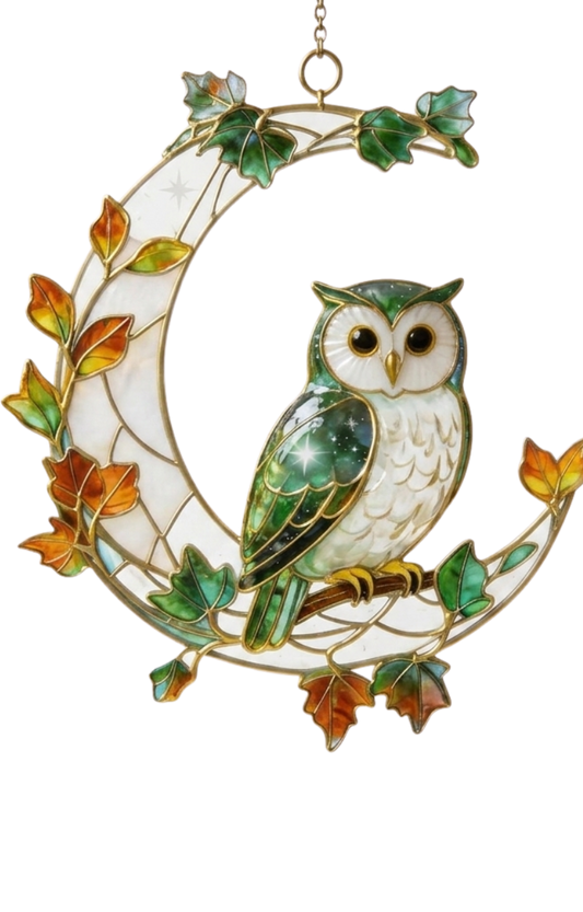 Stained Glass Owl Suncatcher – Gold-Plated Brass