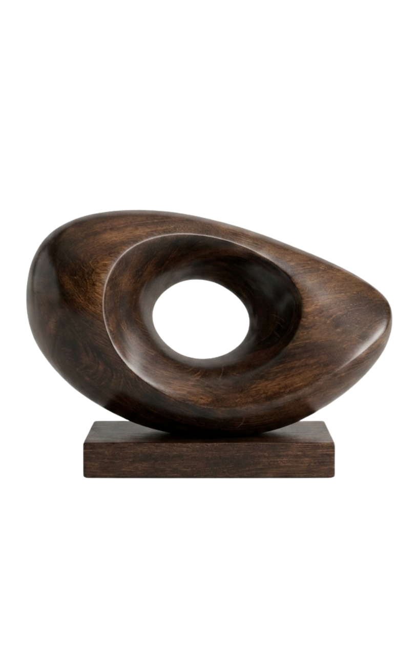 Eye-Form Wood Sculpture on Pedestal Base